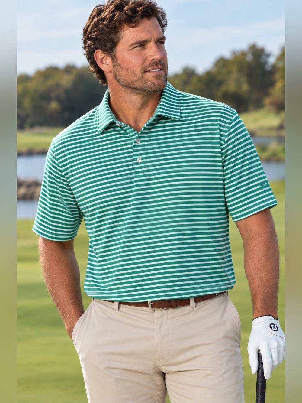 Peter Millar Southern Comfort Green & White Striped Polo